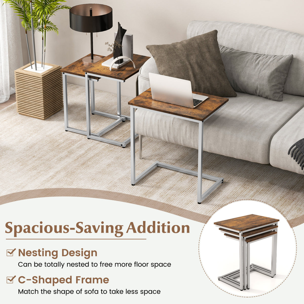 3 Pieces Multifunctional Coffee End Table Set-Rustic Brown-End & Side Tables-DECOROLALA