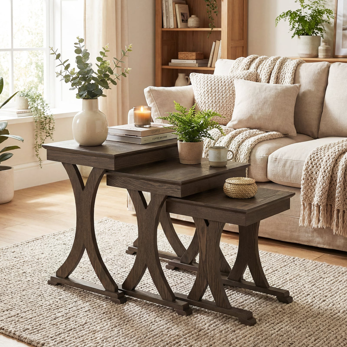 3 Pieces Nesting Coffee Table Side Table with Solid Rubber Wood Legs-Brown-End & Side Tables-DECOROLALA