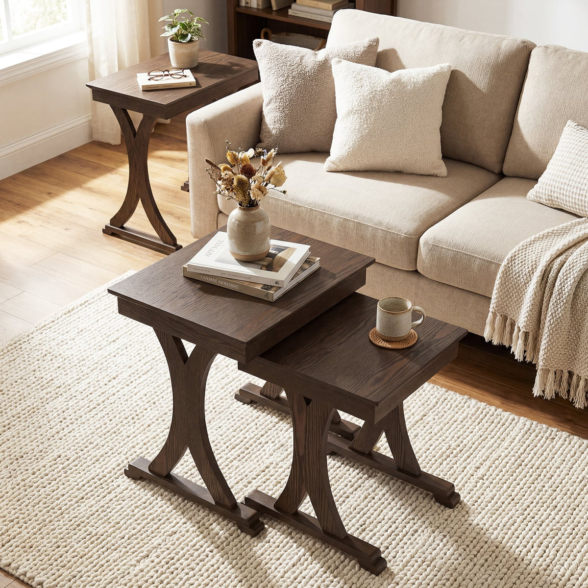 3 Pieces Nesting Coffee Table Side Table with Solid Rubber Wood Legs-Brown-End & Side Tables-DECOROLALA
