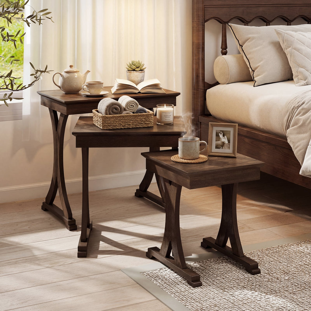 3 Pieces Nesting Coffee Table Side Table with Solid Rubber Wood Legs-Brown-End & Side Tables-DECOROLALA