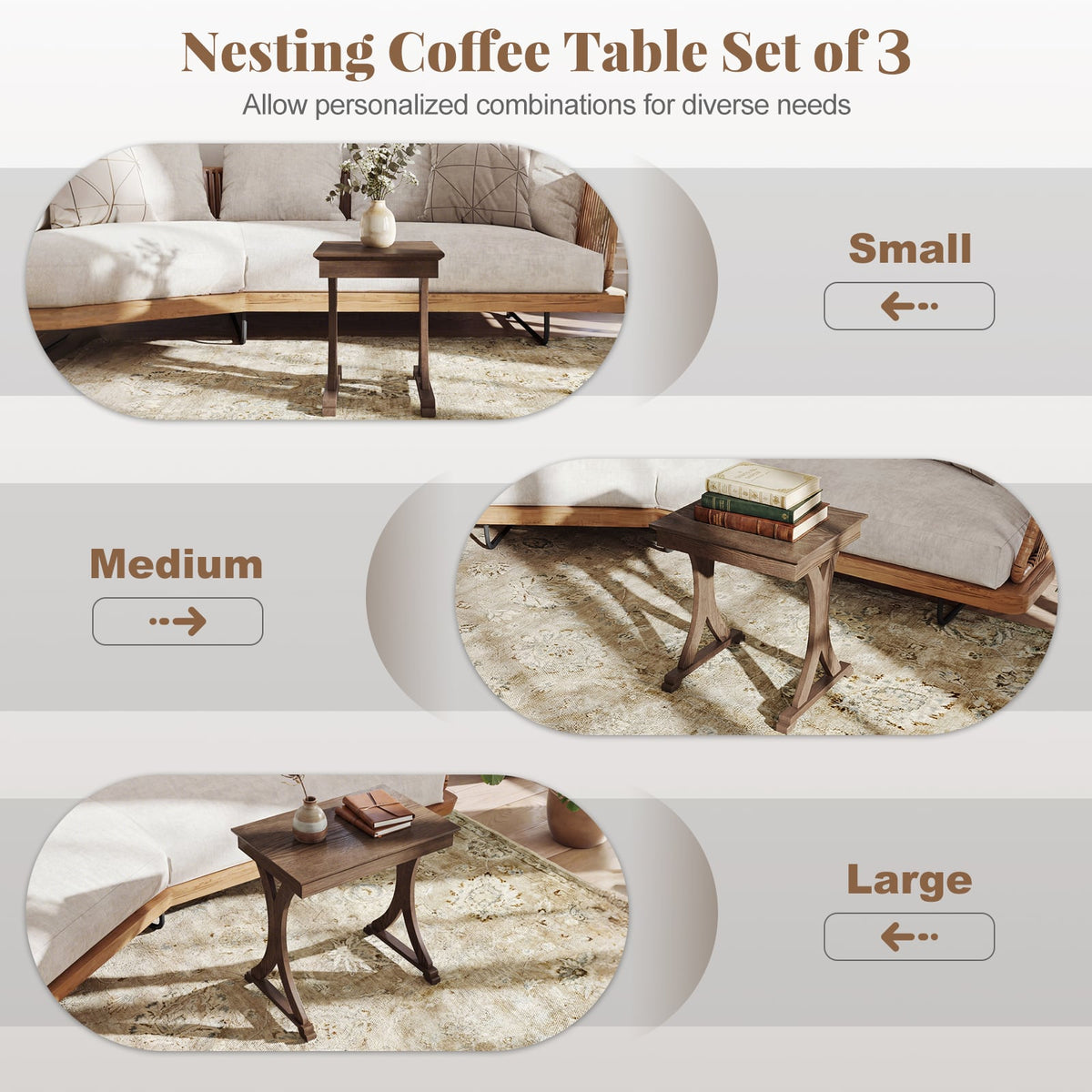 3 Pieces Nesting Coffee Table Side Table with Solid Rubber Wood Legs-Brown-End & Side Tables-DECOROLALA
