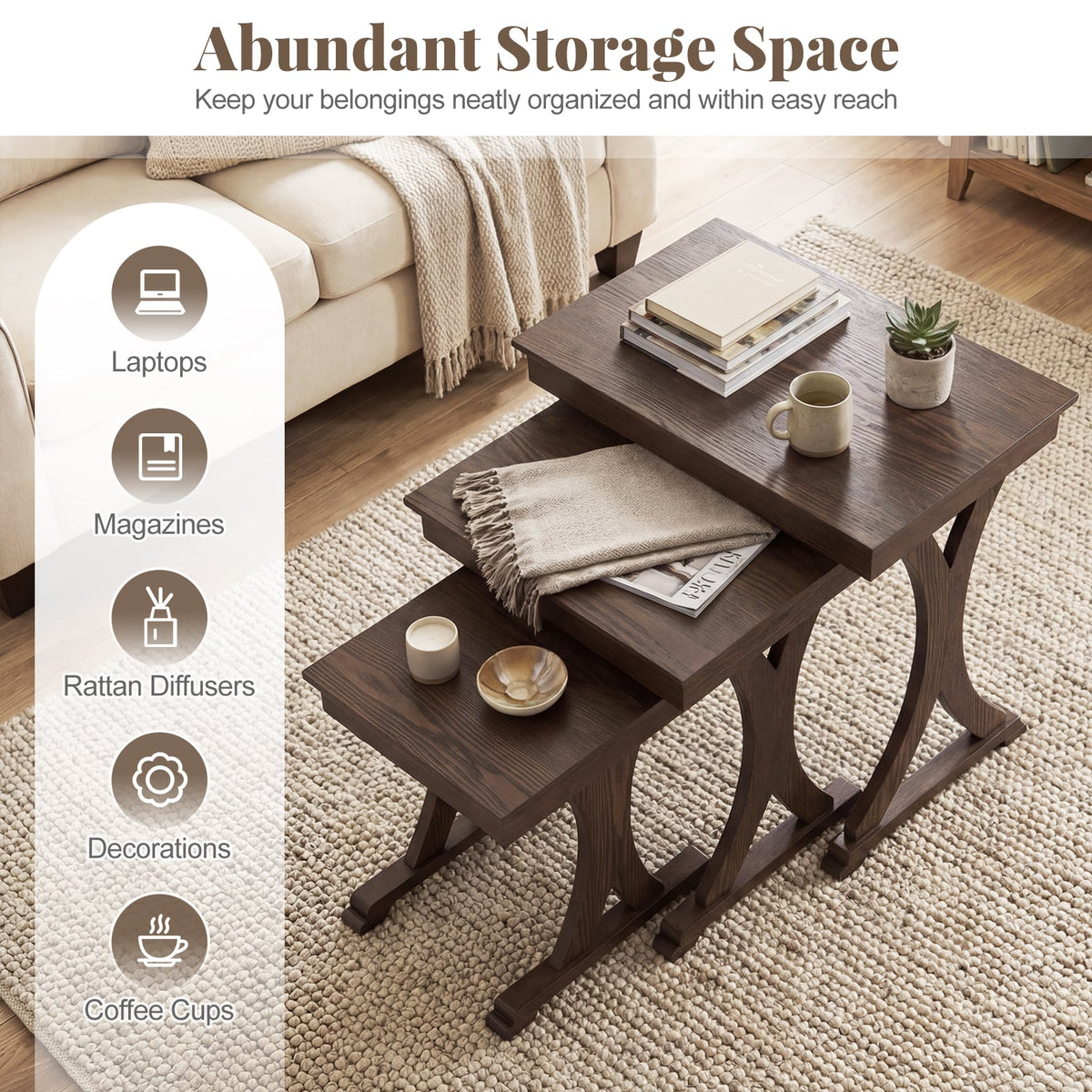 3 Pieces Nesting Coffee Table Side Table with Solid Rubber Wood Legs-Brown-End & Side Tables-DECOROLALA