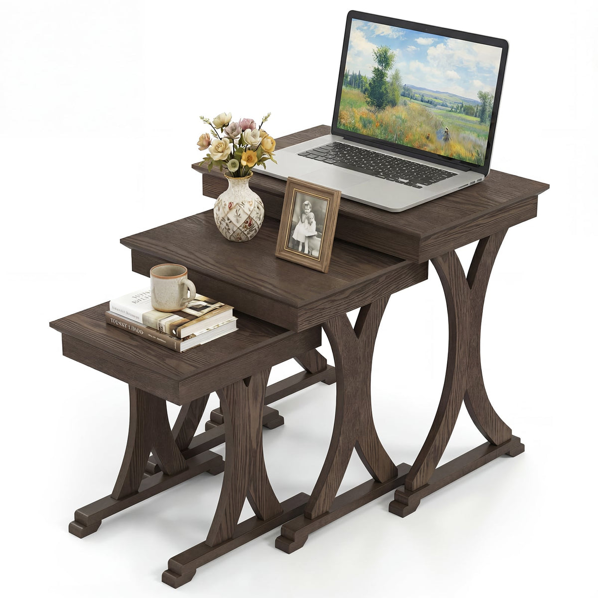 3 Pieces Nesting Coffee Table Side Table with Solid Rubber Wood Legs-Brown-End & Side Tables-DECOROLALA
