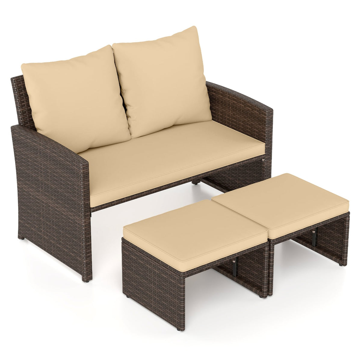 3 Pieces Outdoor Patio PE Wicker Furniture Set with Cushions-Beige-Patio Conversation Sets-DECOROLALA