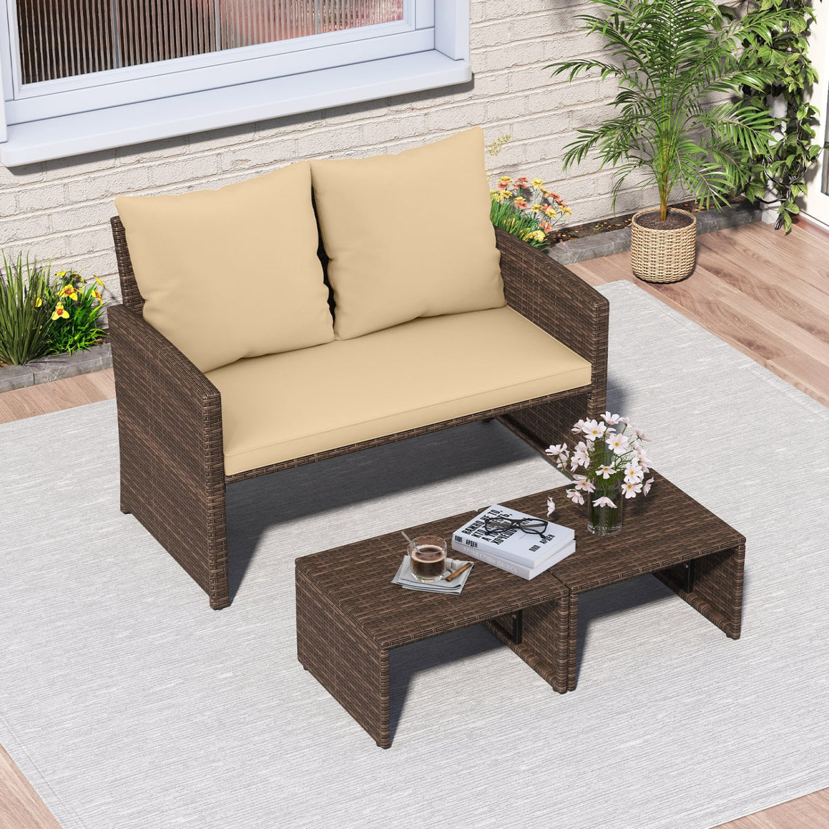 3 Pieces Outdoor Patio PE Wicker Furniture Set with Cushions-Beige-Patio Conversation Sets-DECOROLALA