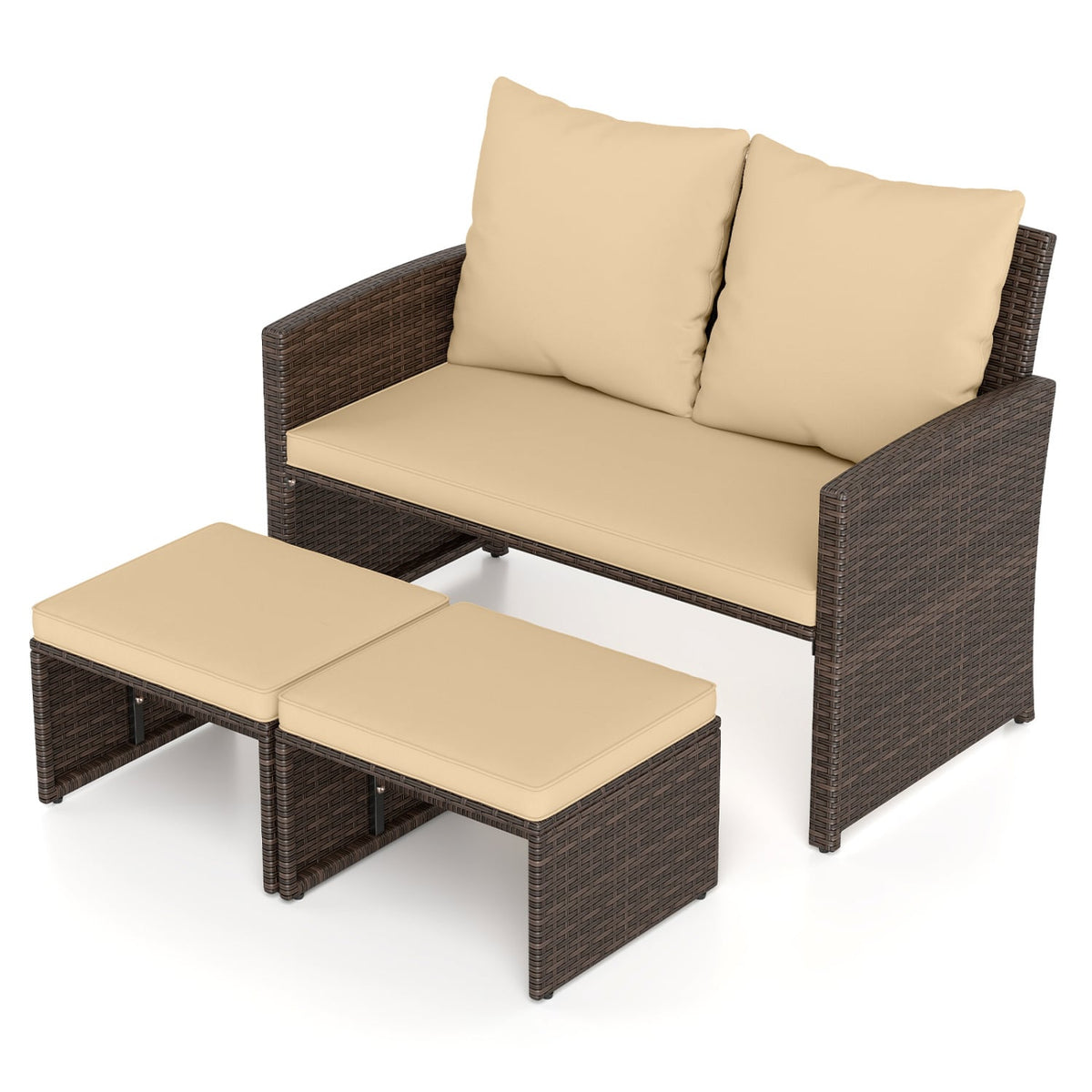 3 Pieces Outdoor Patio PE Wicker Furniture Set with Cushions-Beige-Patio Conversation Sets-DECOROLALA