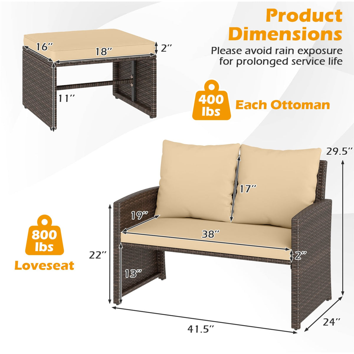 3 Pieces Outdoor Patio PE Wicker Furniture Set with Cushions-Beige-Patio Conversation Sets-DECOROLALA