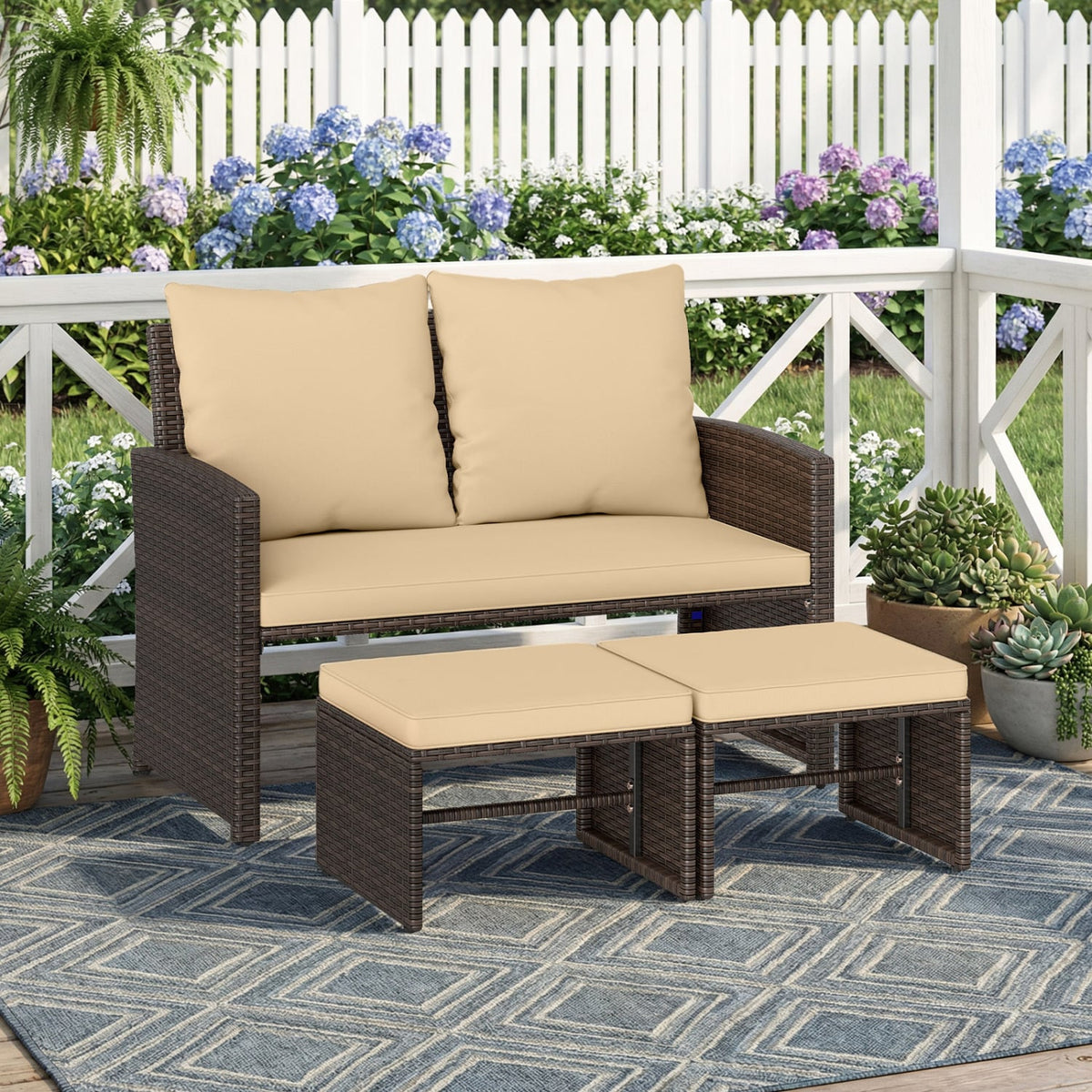 3 Pieces Outdoor Patio PE Wicker Furniture Set with Cushions-Beige-Patio Conversation Sets-DECOROLALA
