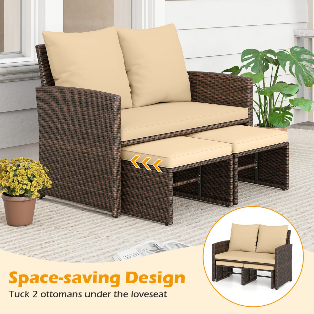 3 Pieces Outdoor Patio PE Wicker Furniture Set with Cushions-Beige-Patio Conversation Sets-DECOROLALA