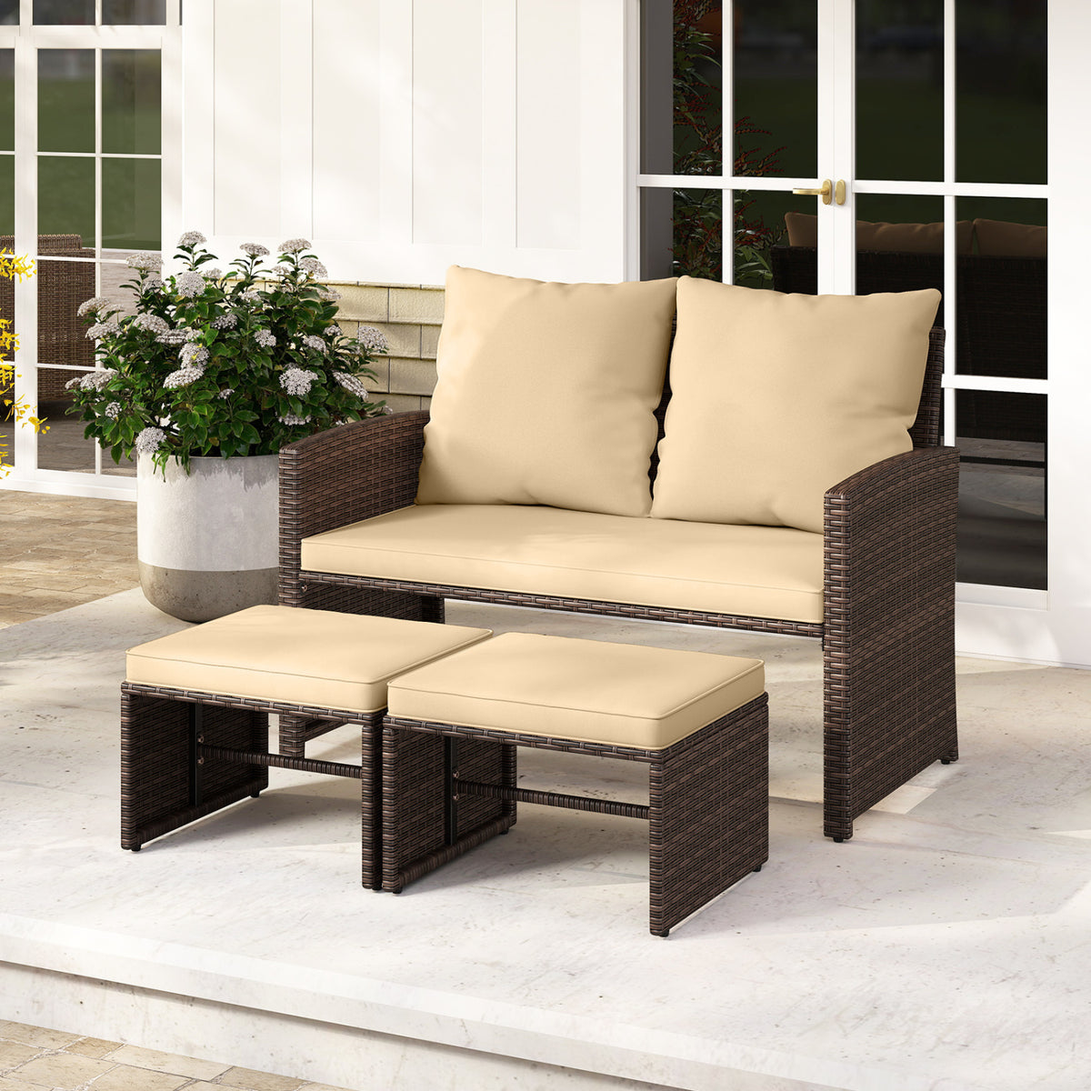 3 Pieces Outdoor Patio PE Wicker Furniture Set with Cushions-Beige-Patio Conversation Sets-DECOROLALA