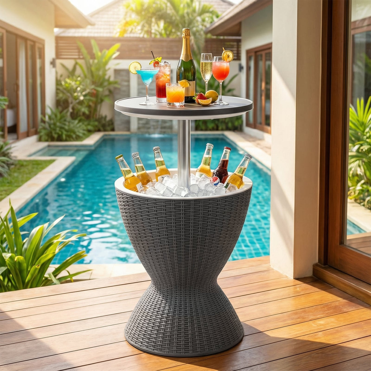 3 Pieces Outdoor Rattan Bar Table with Extendable Tabletop-Gray-Patio Coffee Tables-DECOROLALA