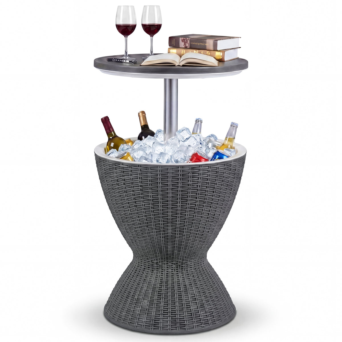 3 Pieces Outdoor Rattan Bar Table with Extendable Tabletop-Gray-Patio Coffee Tables-DECOROLALA