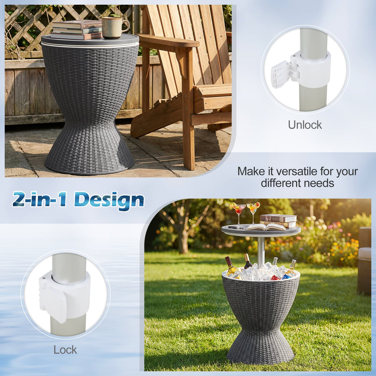 3 Pieces Outdoor Rattan Bar Table with Extendable Tabletop-Gray-Patio Coffee Tables-DECOROLALA