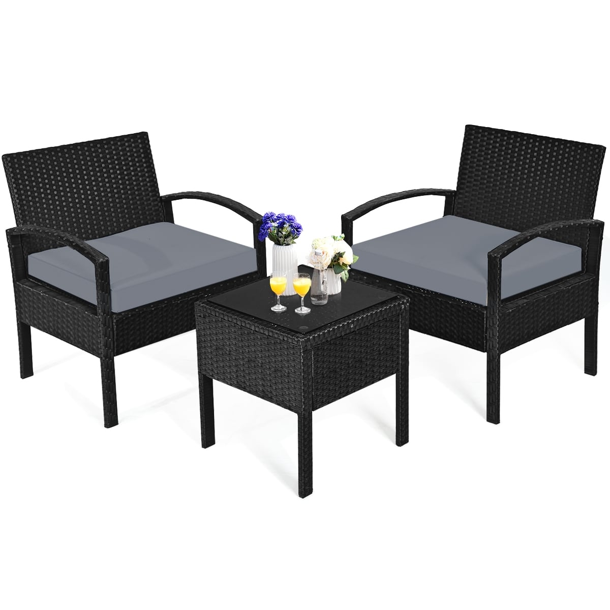 3 Pieces Outdoor Rattan Patio Conversation Set with Seat Cushions-Gray-Patio Conversation Sets-DECOROLALA