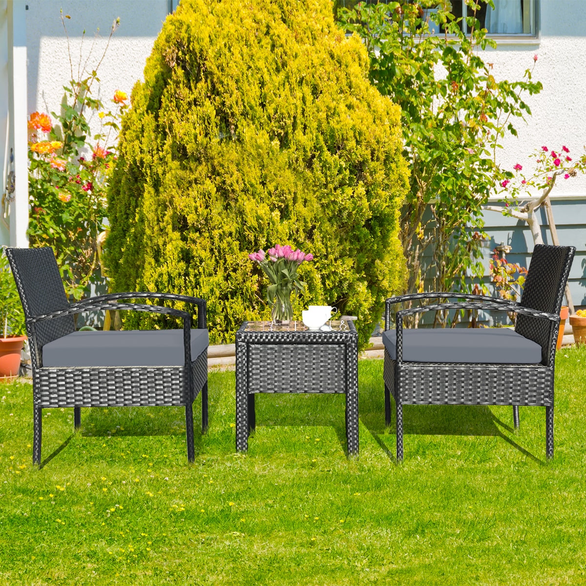 3 Pieces Outdoor Rattan Patio Conversation Set with Seat Cushions-Gray-Patio Conversation Sets-DECOROLALA