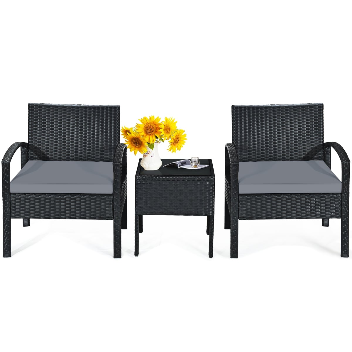 3 Pieces Outdoor Rattan Patio Conversation Set with Seat Cushions-Gray-Patio Conversation Sets-DECOROLALA