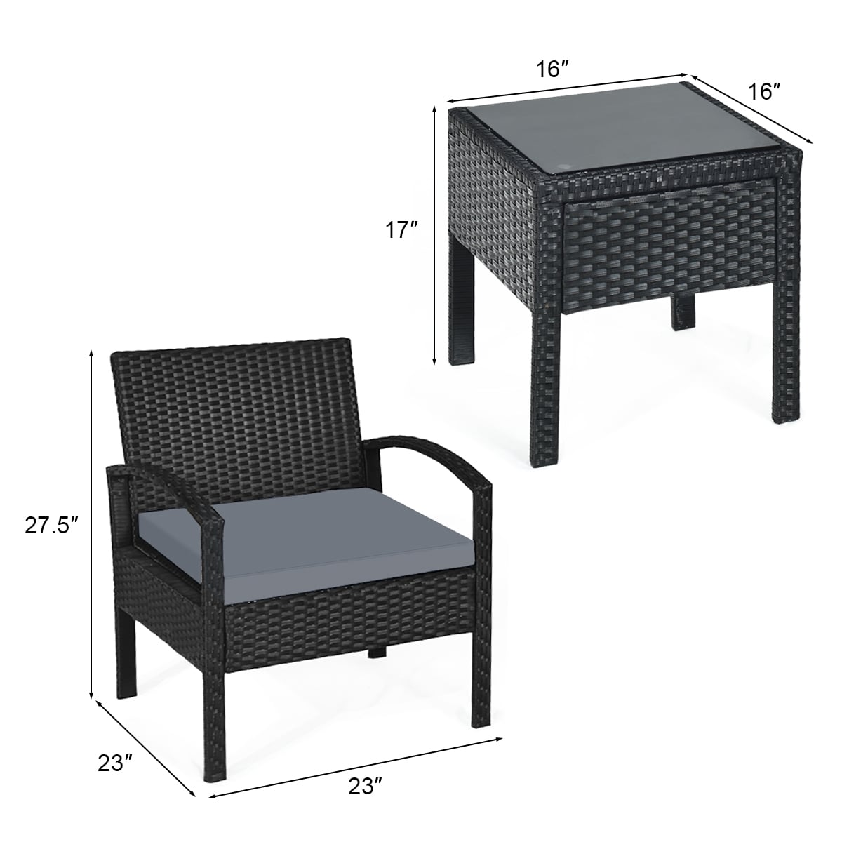 3 Pieces Outdoor Rattan Patio Conversation Set with Seat Cushions-Gray-Patio Conversation Sets-DECOROLALA