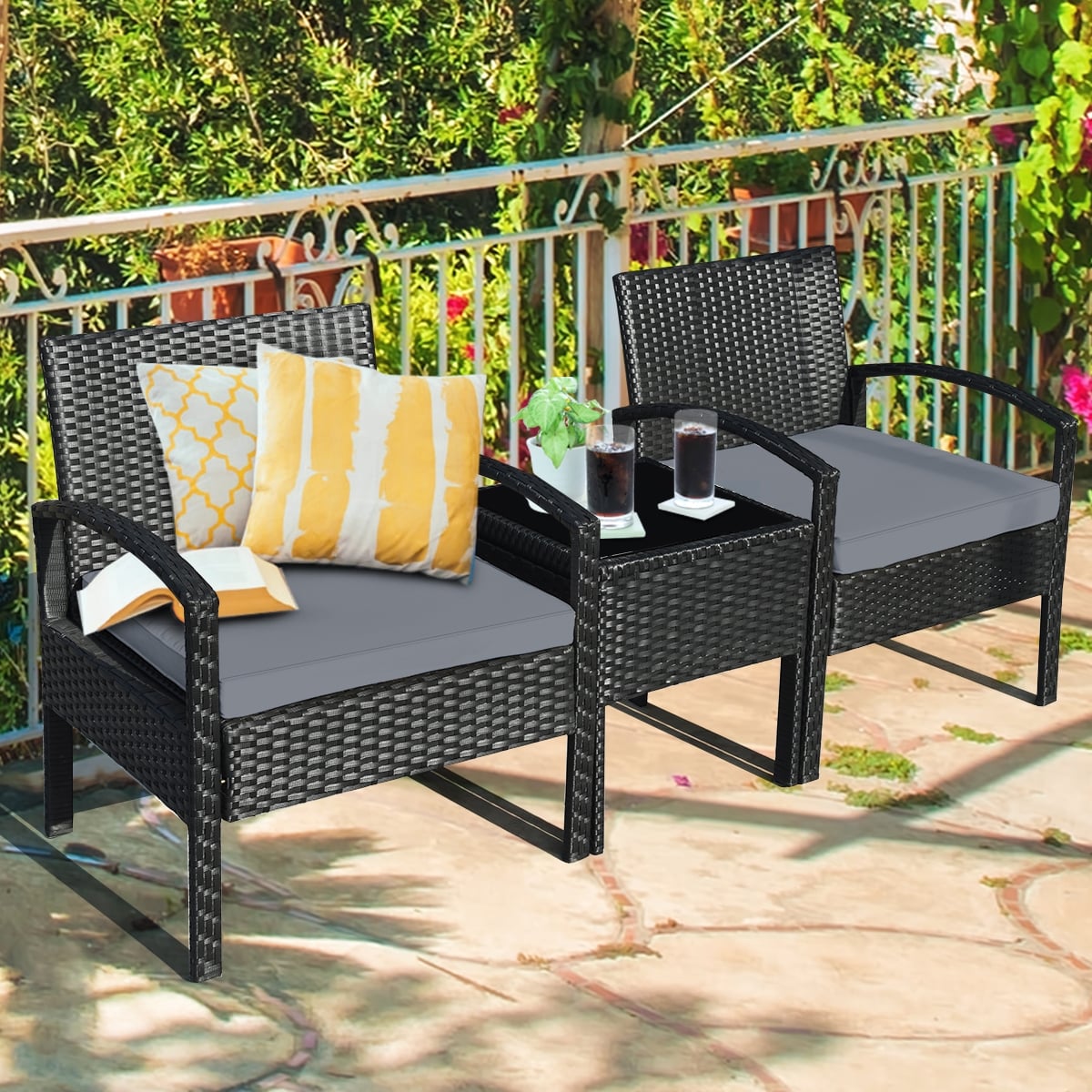 3 Pieces Outdoor Rattan Patio Conversation Set with Seat Cushions-Gray-Patio Conversation Sets-DECOROLALA