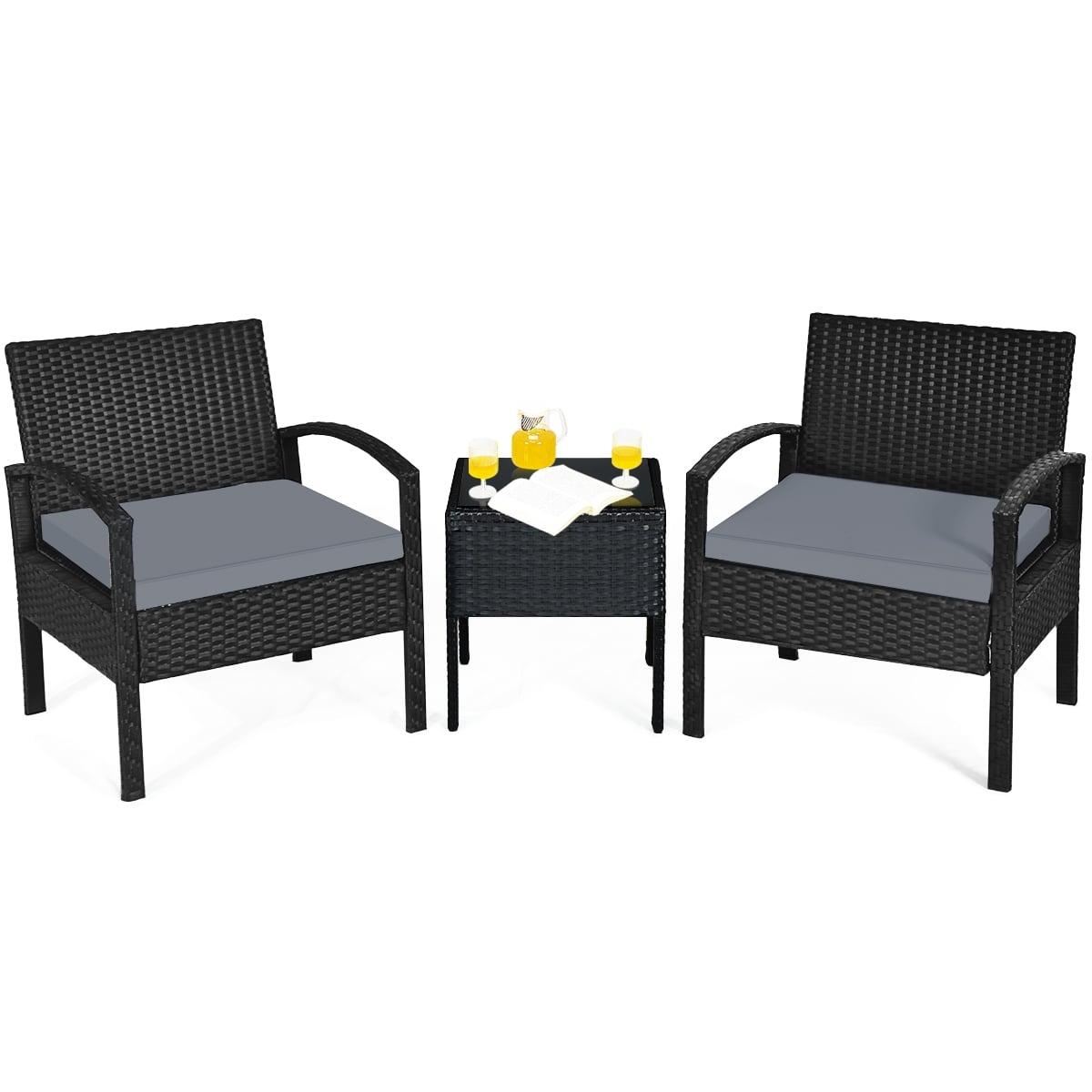 3 Pieces Outdoor Rattan Patio Conversation Set with Seat Cushions-Gray-Patio Conversation Sets-DECOROLALA