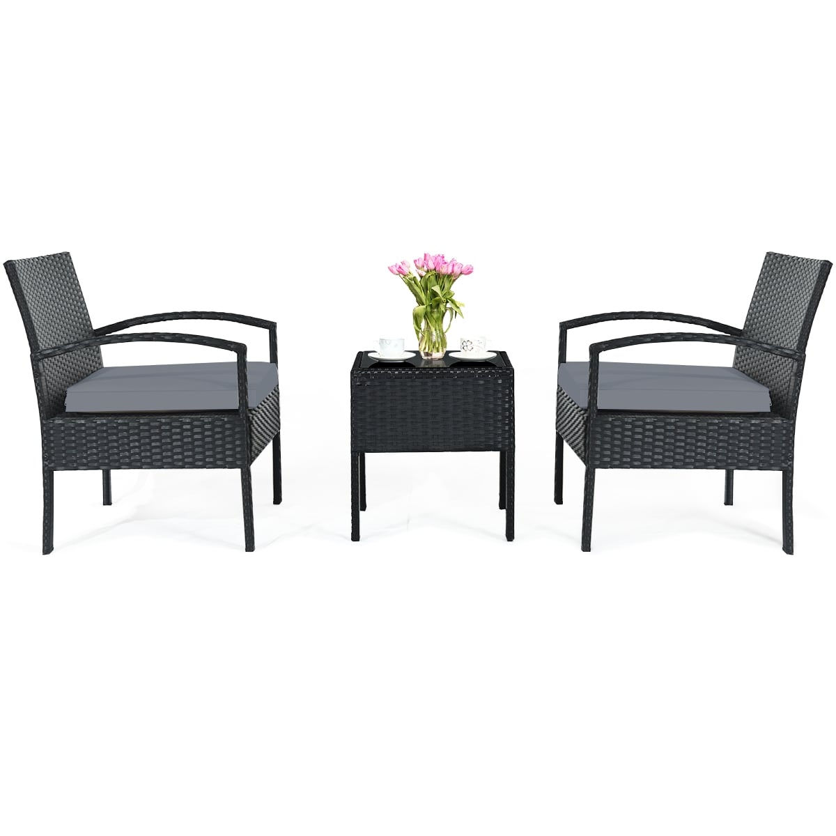 3 Pieces Outdoor Rattan Patio Conversation Set with Seat Cushions-Gray-Patio Conversation Sets-DECOROLALA