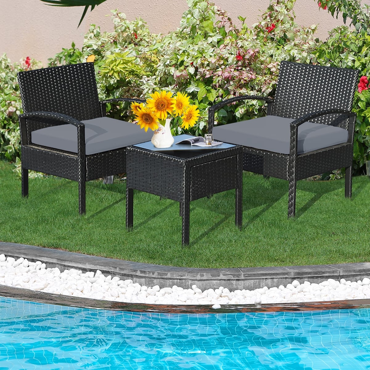 3 Pieces Outdoor Rattan Patio Conversation Set with Seat Cushions-Gray-Patio Conversation Sets-DECOROLALA