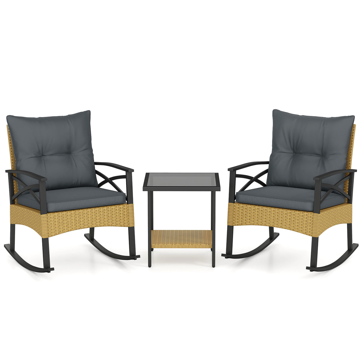 3 Pieces Outdoor Rattan Rocking Chairs Set with 2-Tier Side Table for Garden Backyard-Gray-Patio Conversation Sets-DECOROLALA