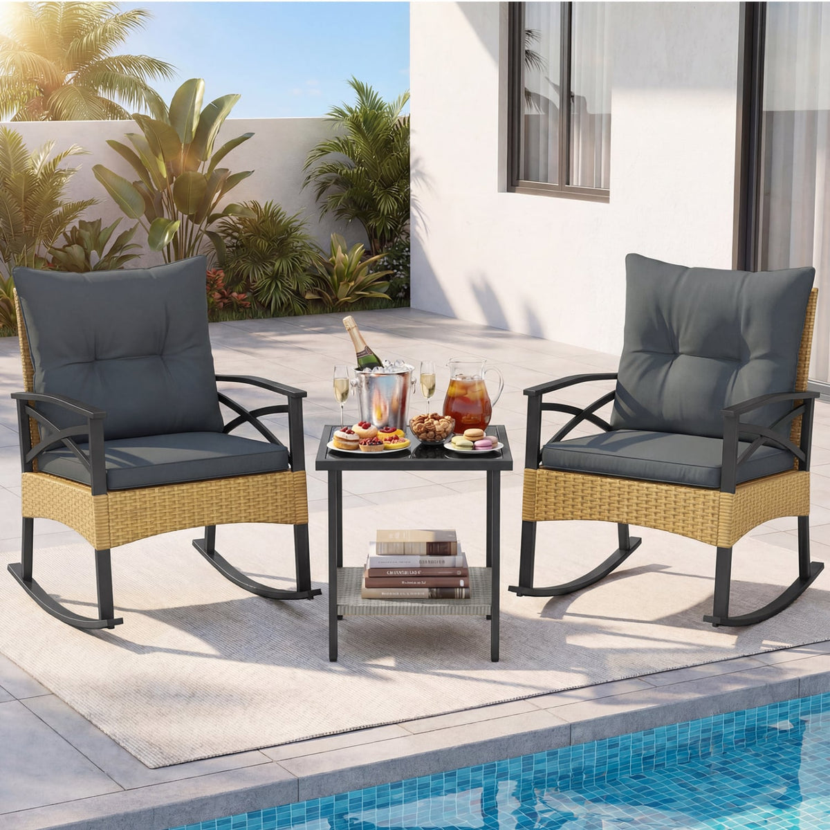 3 Pieces Outdoor Rattan Rocking Chairs Set with 2-Tier Side Table for Garden Backyard-Gray-Patio Conversation Sets-DECOROLALA