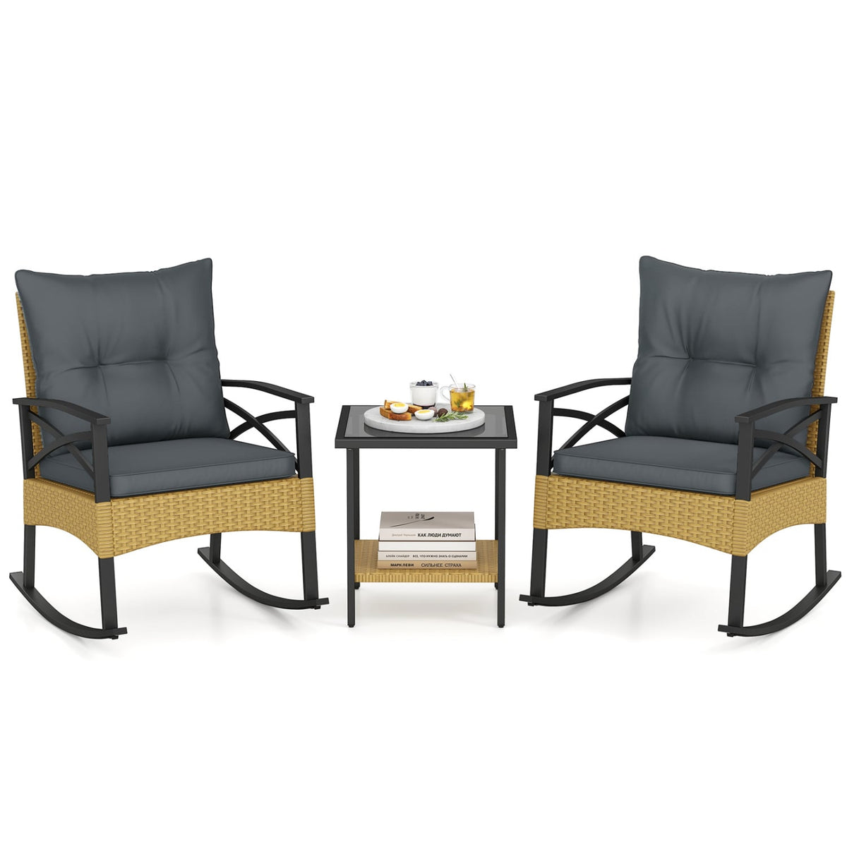 3 Pieces Outdoor Rattan Rocking Chairs Set with 2-Tier Side Table for Garden Backyard-Gray-Patio Conversation Sets-DECOROLALA