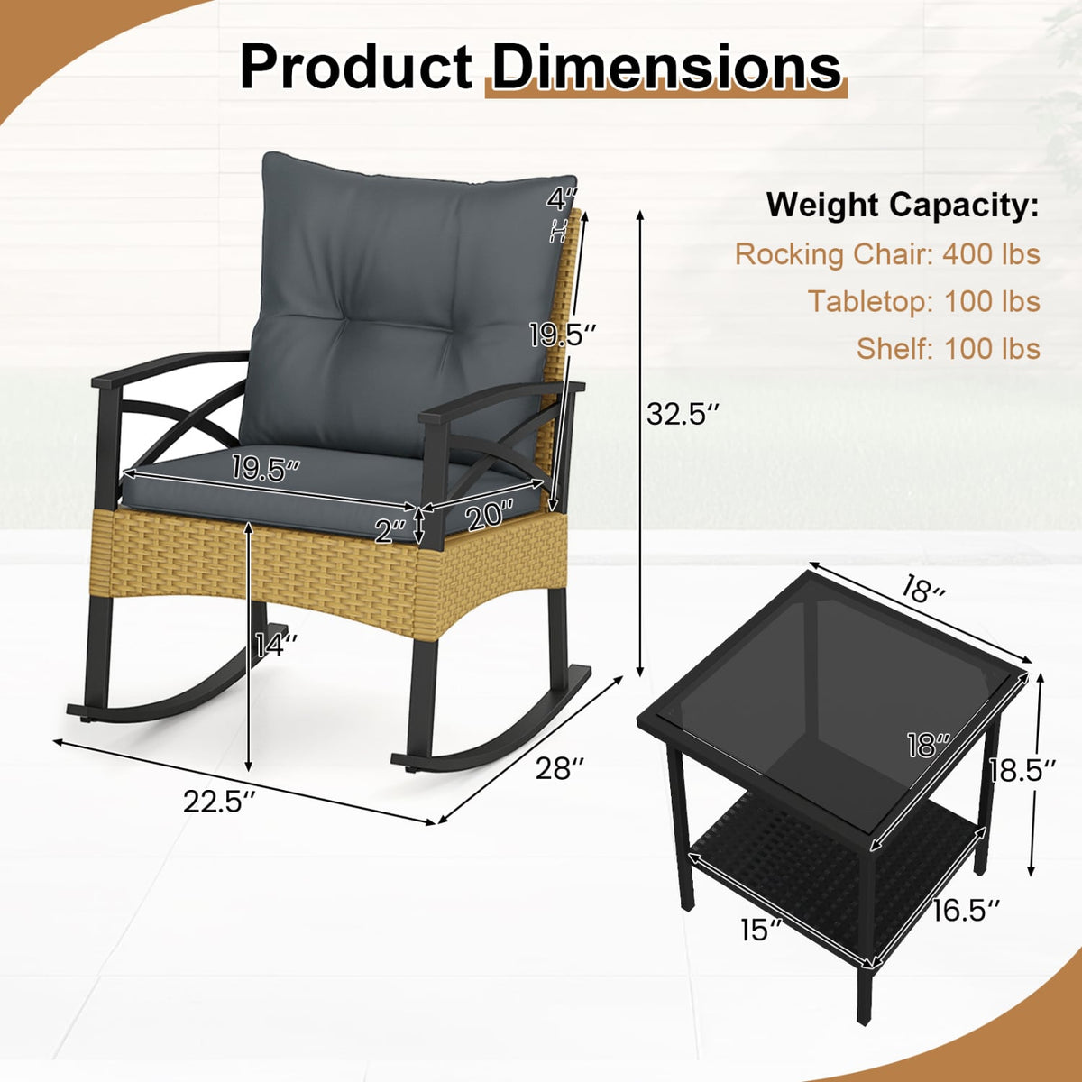 3 Pieces Outdoor Rattan Rocking Chairs Set with 2-Tier Side Table for Garden Backyard-Gray-Patio Conversation Sets-DECOROLALA