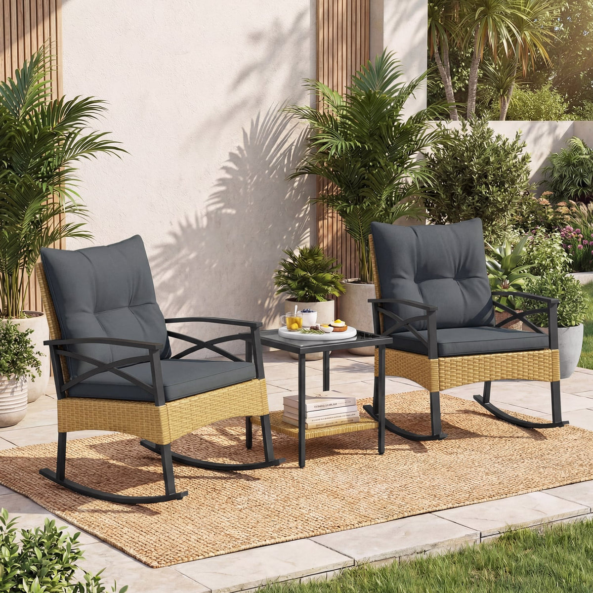 3 Pieces Outdoor Rattan Rocking Chairs Set with 2-Tier Side Table for Garden Backyard-Gray-Patio Conversation Sets-DECOROLALA