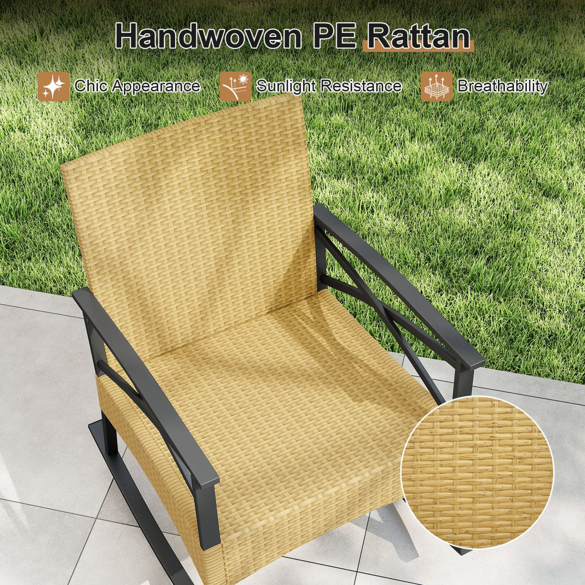 3 Pieces Outdoor Rattan Rocking Chairs Set with 2-Tier Side Table for Garden Backyard-Gray-Patio Conversation Sets-DECOROLALA