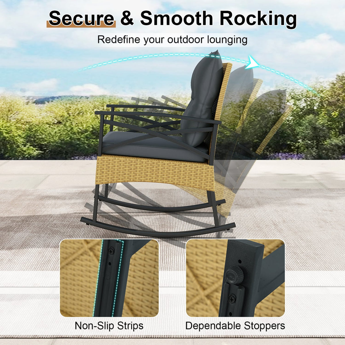 3 Pieces Outdoor Rattan Rocking Chairs Set with 2-Tier Side Table for Garden Backyard-Gray-Patio Conversation Sets-DECOROLALA