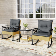 3 Pieces Outdoor Rattan Rocking Chairs Set with 2-Tier Side Table for Garden Backyard-Gray-Patio Conversation Sets-DECOROLALA