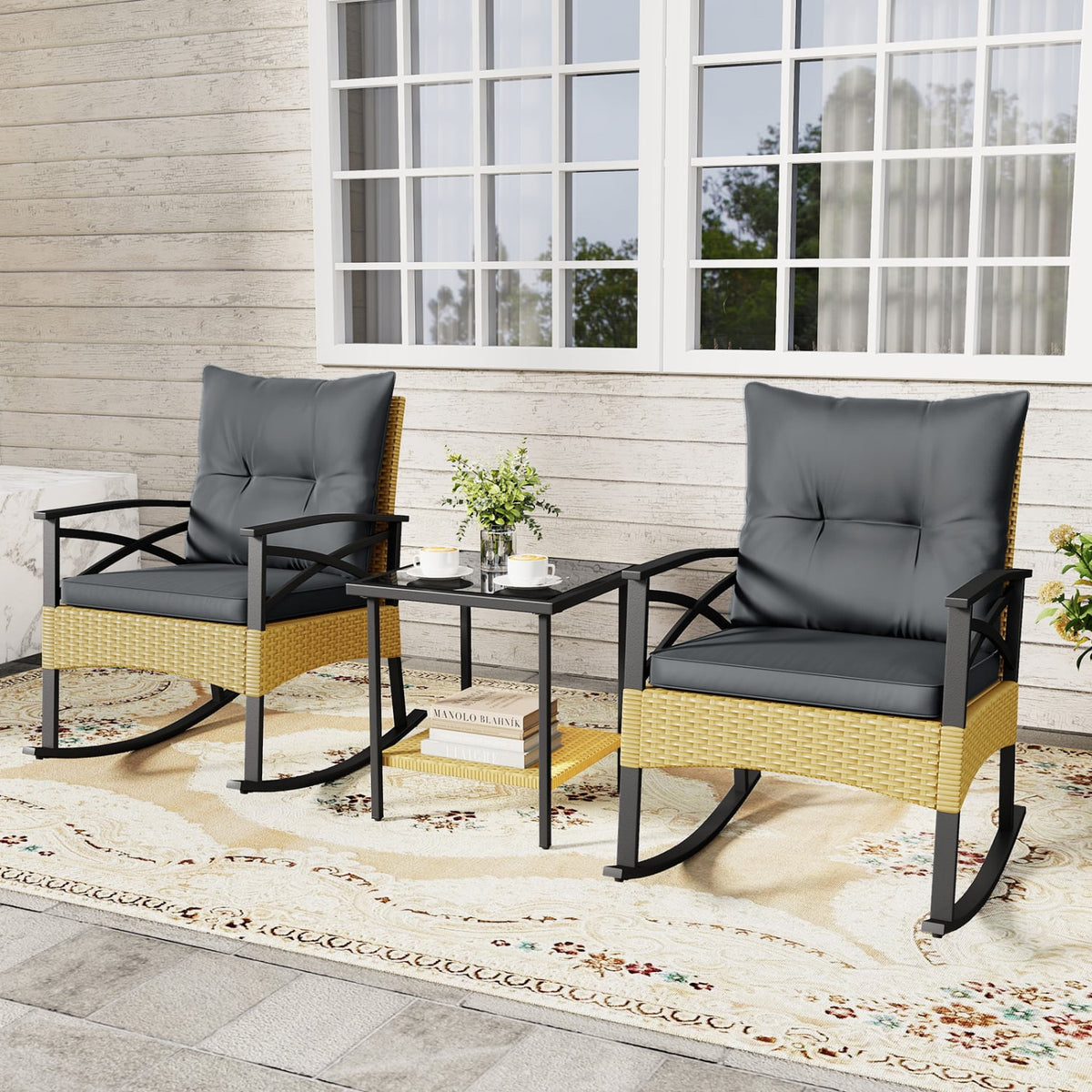 3 Pieces Outdoor Rattan Rocking Chairs Set with 2-Tier Side Table for Garden Backyard-Gray-Patio Conversation Sets-DECOROLALA
