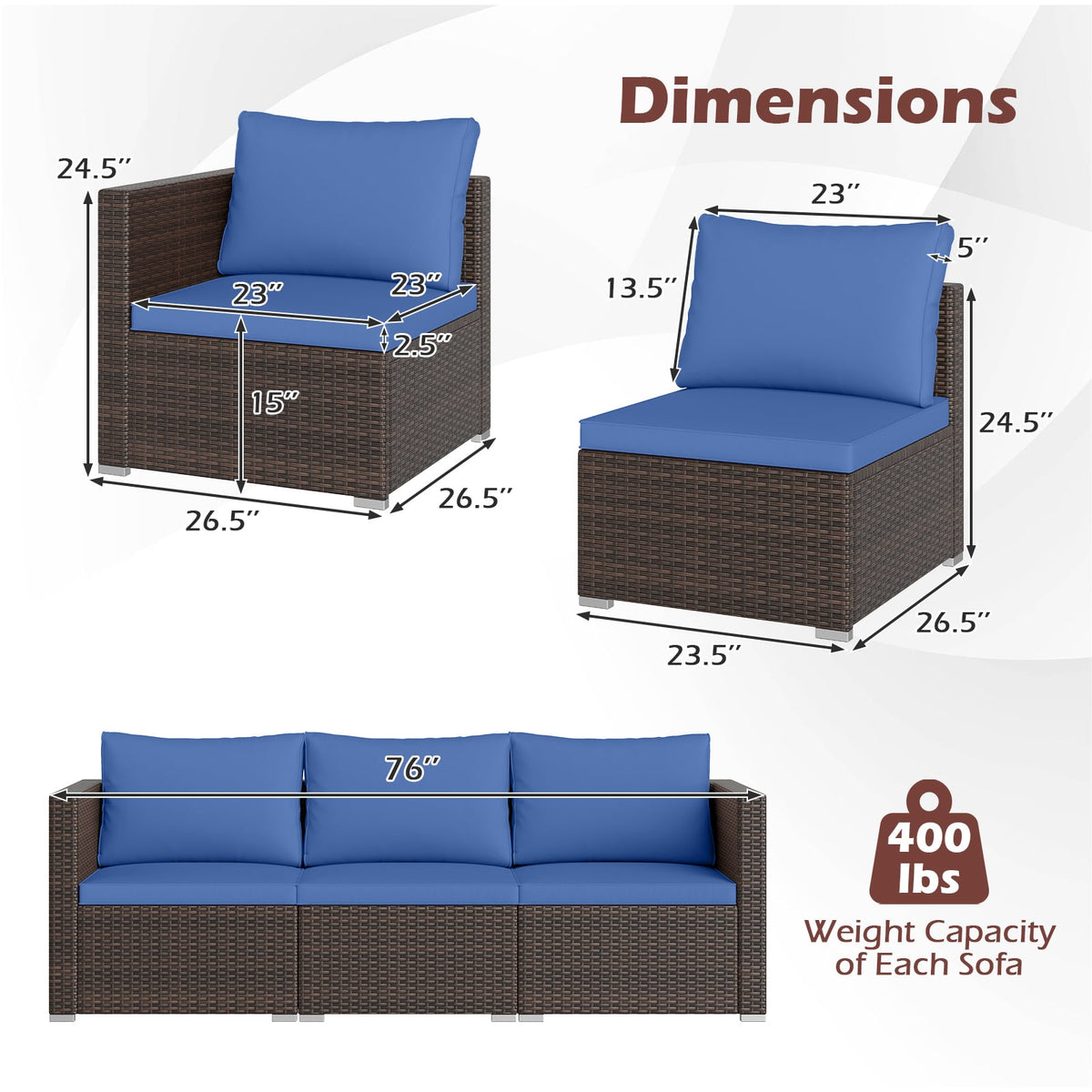 3 Pieces Outdoor Sectional Sofa Set with Soft Cushions-Navy-Outdoor Sectional Sofas-DECOROLALA