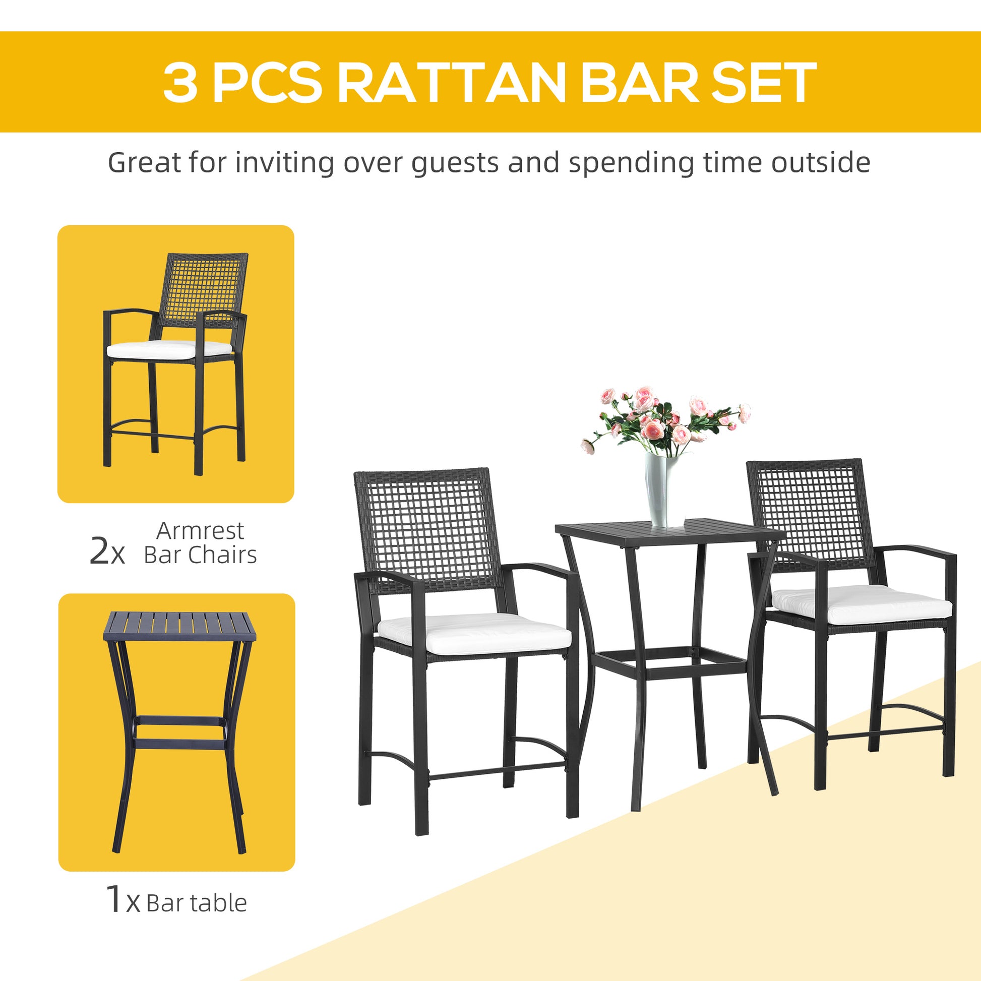 3 Pieces Outdoor Wicker Bar Set, Classic Bistro Bar Set Garden Rattan Style Patio Bar Table & High Chairs w/ Cushions Home Bar Furniture, Cream White-DECOROLALA
