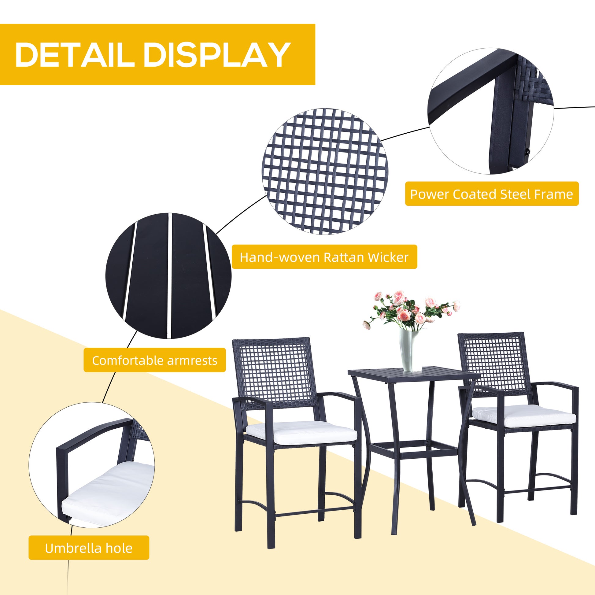 3 Pieces Outdoor Wicker Bar Set, Classic Bistro Bar Set Garden Rattan Style Patio Bar Table & High Chairs w/ Cushions Home Bar Furniture, Cream White-DECOROLALA