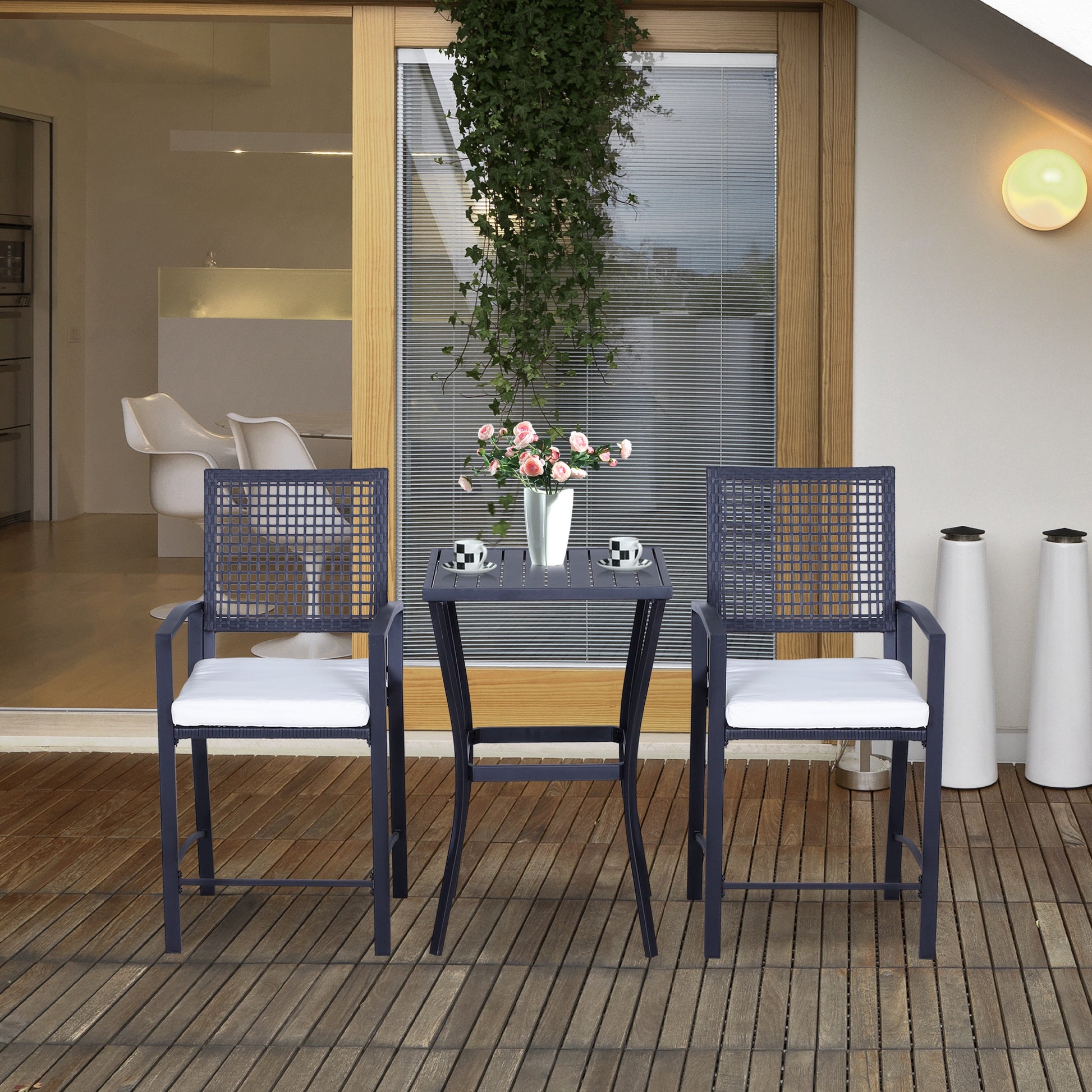 3 Pieces Outdoor Wicker Bar Set, Classic Bistro Bar Set Garden Rattan Style Patio Bar Table & High Chairs w/ Cushions Home Bar Furniture, Cream White-DECOROLALA
