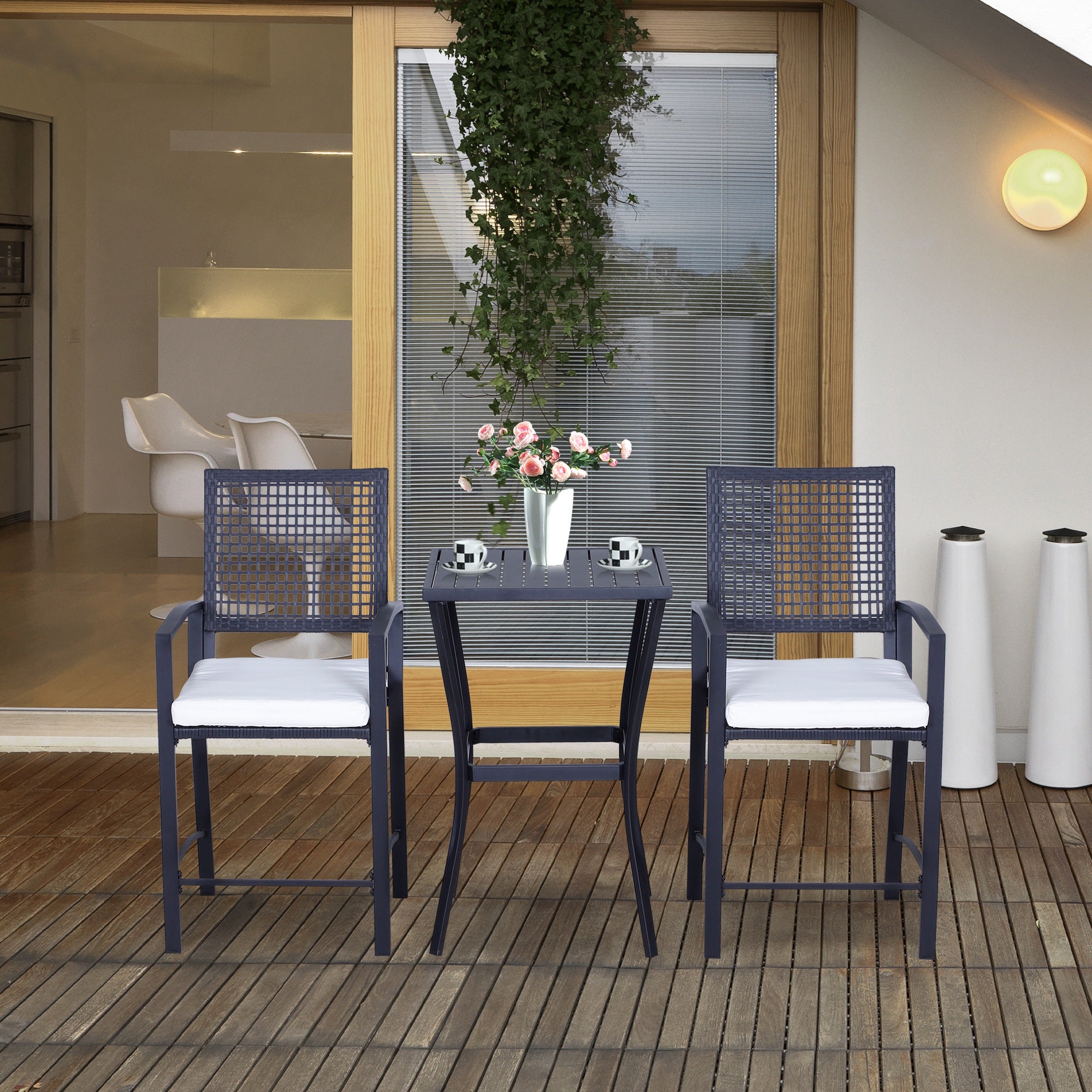 3 Pieces Outdoor Wicker Bar Set, Classic Bistro Bar Set Garden Rattan Style Patio Bar Table & High Chairs w/ Cushions Home Bar Furniture, Cream White-DECOROLALA