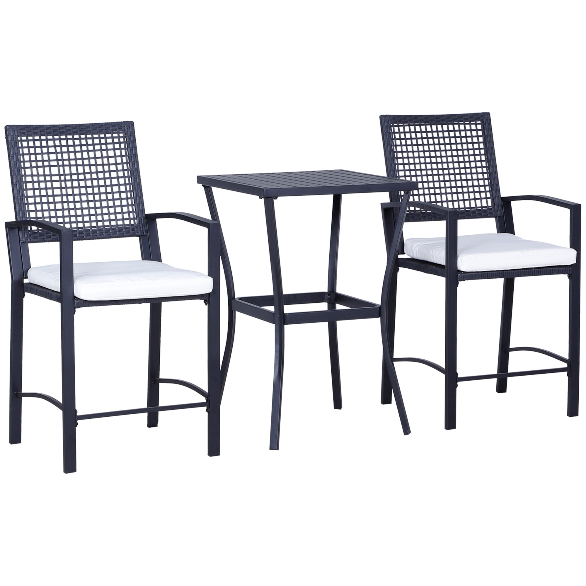 3 Pieces Outdoor Wicker Bar Set, Classic Bistro Bar Set Garden Rattan Style Patio Bar Table & High Chairs w/ Cushions Home Bar Furniture, Cream White-DECOROLALA