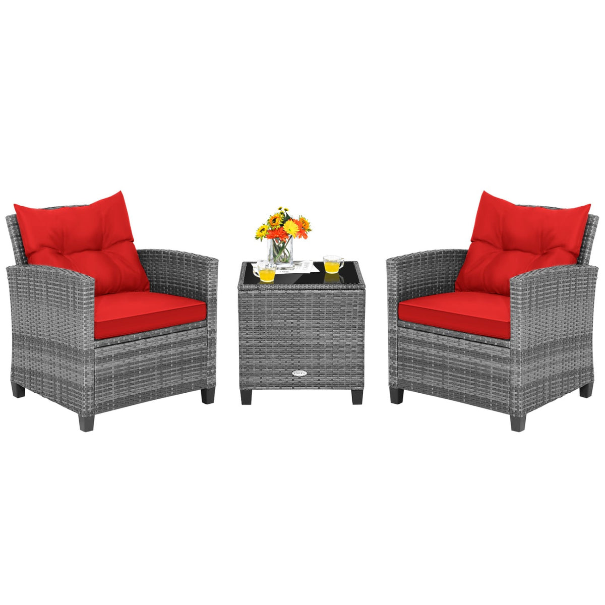 3 Pieces Outdoor Wicker Conversation Set with Tempered Glass Tabletop-Red-Patio Conversation Sets-DECOROLALA