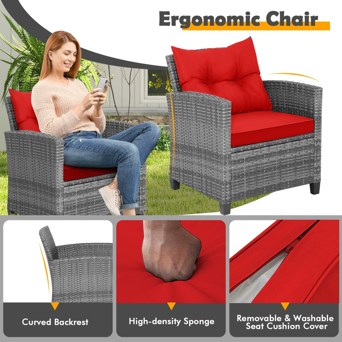 3 Pieces Outdoor Wicker Conversation Set with Tempered Glass Tabletop-Red-Patio Conversation Sets-DECOROLALA