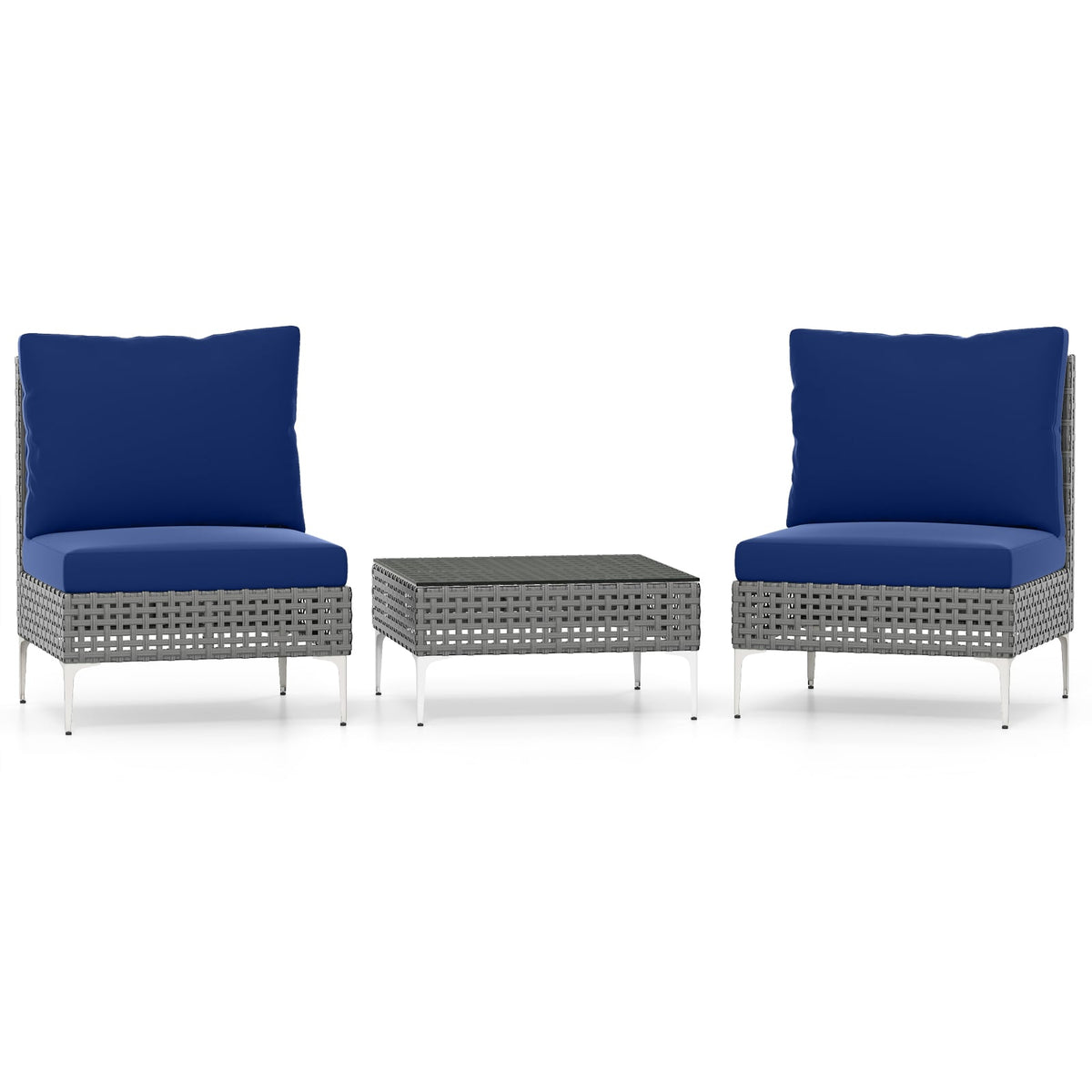 3 Pieces PE Rattan Conversation Chairs with Tempered Glass Coffee Table for Garden Porch-Navy-Patio Conversation Sets-DECOROLALA