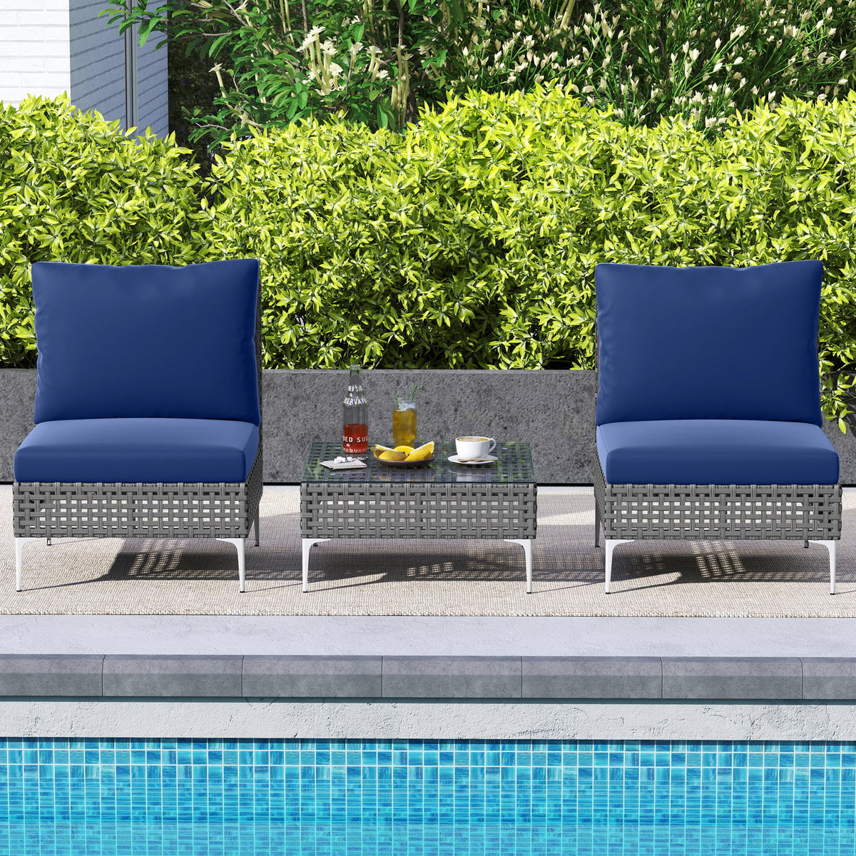 3 Pieces PE Rattan Conversation Chairs with Tempered Glass Coffee Table for Garden Porch-Navy-Patio Conversation Sets-DECOROLALA