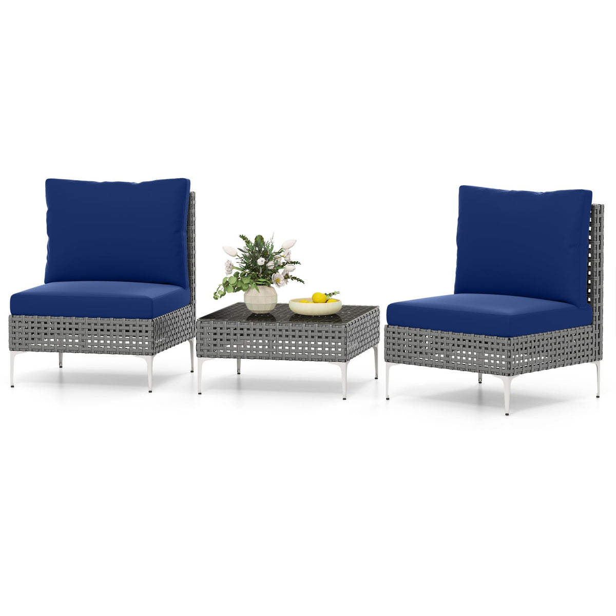 3 Pieces PE Rattan Conversation Chairs with Tempered Glass Coffee Table for Garden Porch-Navy-Patio Conversation Sets-DECOROLALA