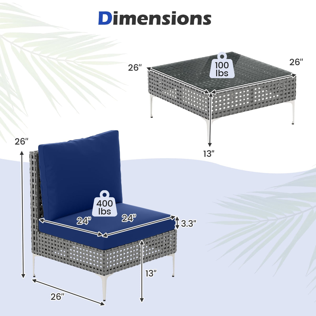 3 Pieces PE Rattan Conversation Chairs with Tempered Glass Coffee Table for Garden Porch-Navy-Patio Conversation Sets-DECOROLALA