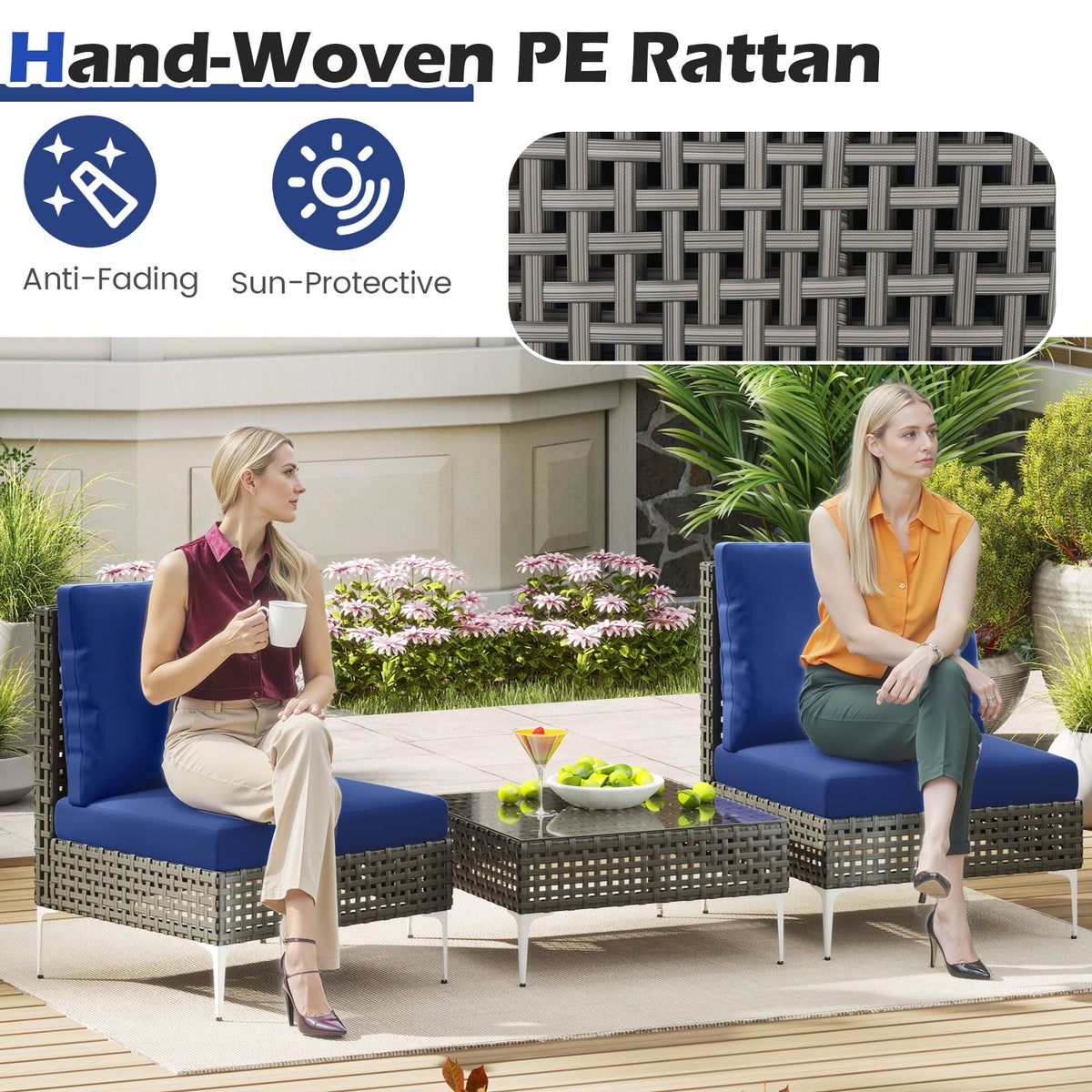 3 Pieces PE Rattan Conversation Chairs with Tempered Glass Coffee Table for Garden Porch-Navy-Patio Conversation Sets-DECOROLALA