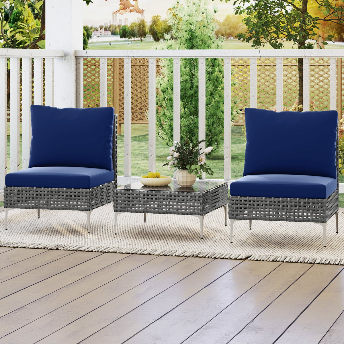 3 Pieces PE Rattan Conversation Chairs with Tempered Glass Coffee Table for Garden Porch-Navy-Patio Conversation Sets-DECOROLALA