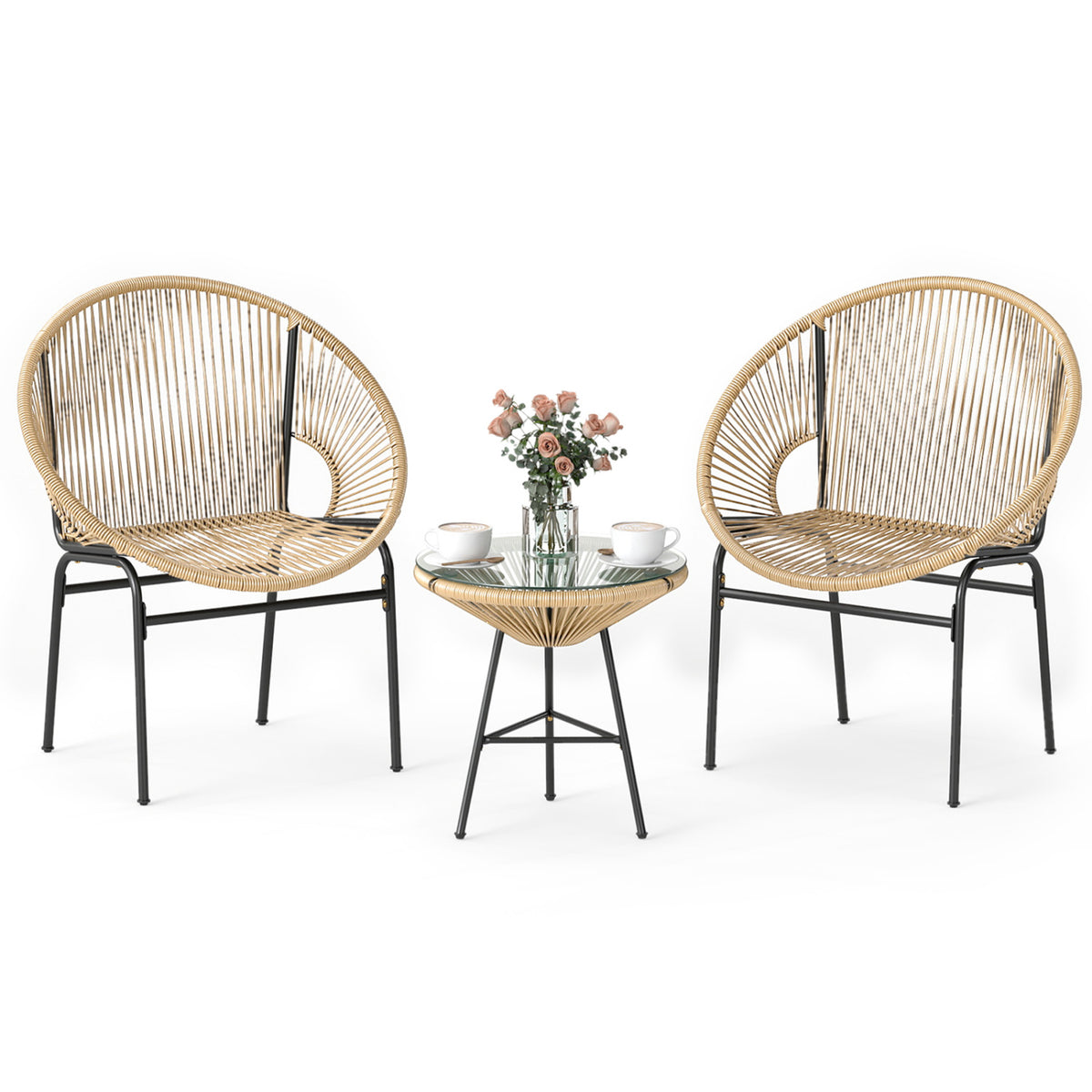 3 Pieces Patio Acapulco Furniture Bistro Set with Glass Table-Brown-Patio Conversation Sets-DECOROLALA