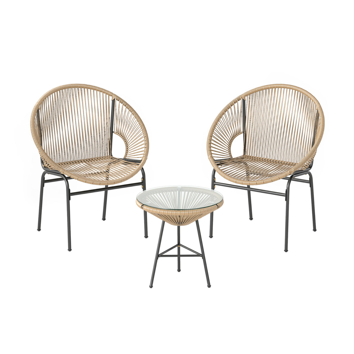 3 Pieces Patio Acapulco Furniture Bistro Set with Glass Table-Brown-Patio Conversation Sets-DECOROLALA